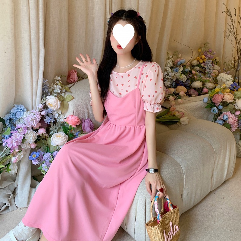 Ready Stock Women Fake Two-piece Dress Pink Heart Printed Dress Large ...
