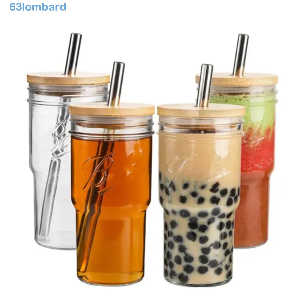 LOMBARD Glass Bubble Tea Cup, Bamboo Lids with Straw Glass Boba Cup