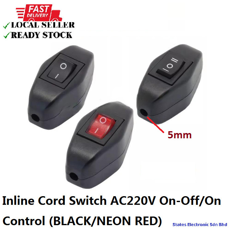 Inline Cord Switch AC220V On-Off/On Control Feed-Through Black Rocker ...