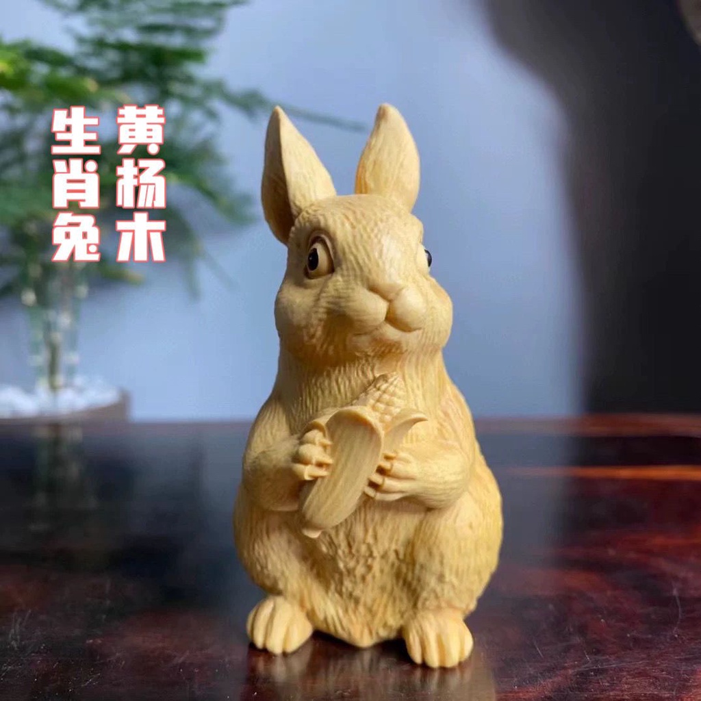 ZSL01-20 *珍品旧蔵* 清 木彫工芸品 小葉黄楊木兔子置物