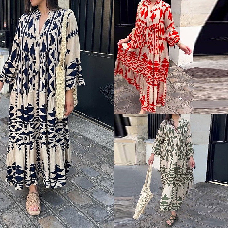 2023 Wholesale V-neck Single Breasted Printed Loose Fitting Dress 24548 ...