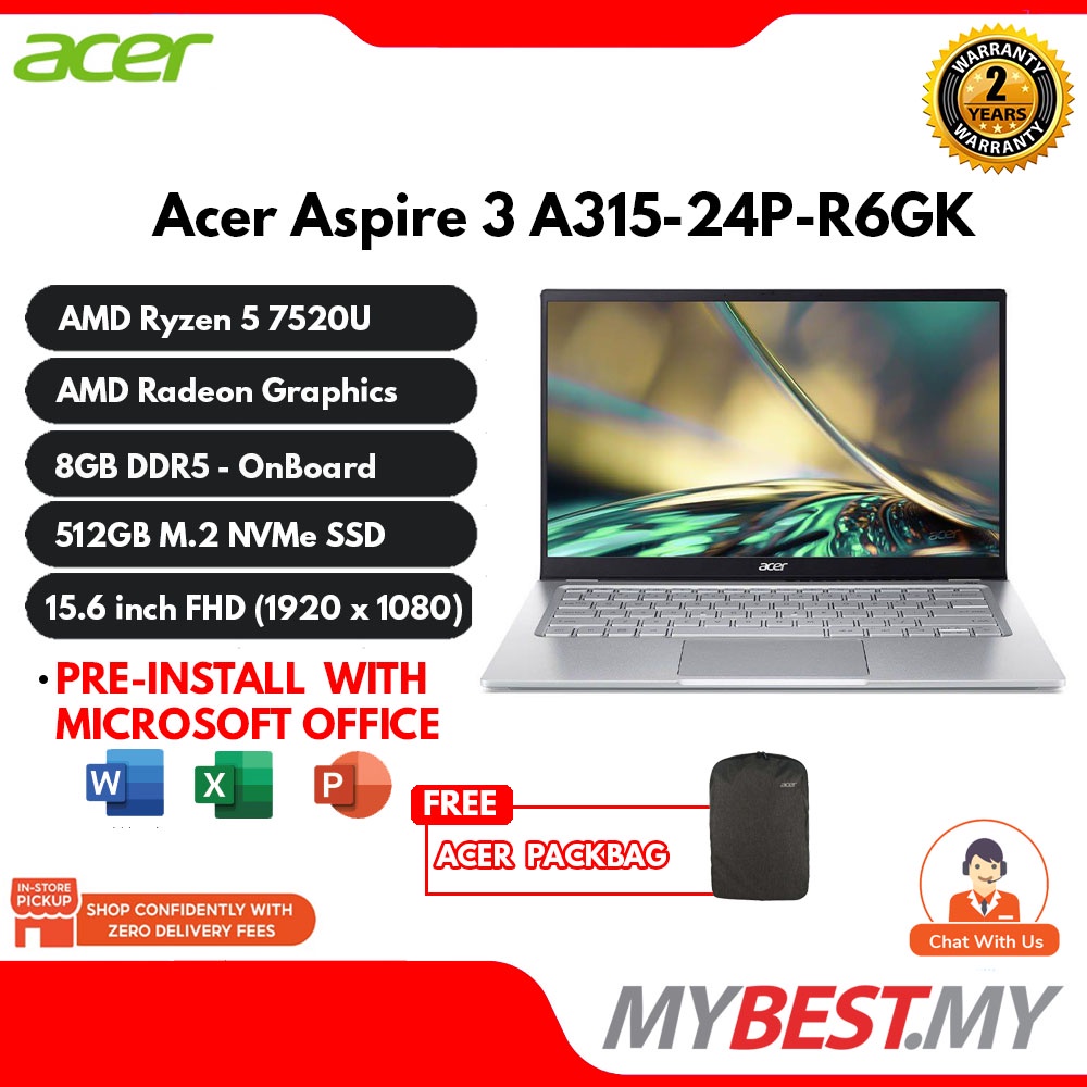 ACER Laptop Aspire 3 A315-24P-R6GK( 15.6 Inch FHD IPS | Ryzen 5-7520U ...