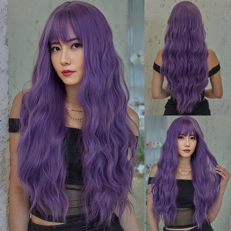 Purple Wigs Long Curly Wig with Bangs Small Curly Wavy Natural Cute Soft Wig Breathable For Women Men Cosplay Party Wear Shopee Malaysia