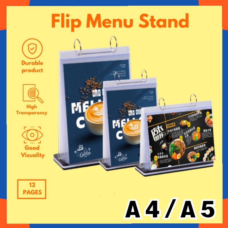 A4 A5 Paper Table Menu Stand with 6 Sleeves Flip Menu Display Stand