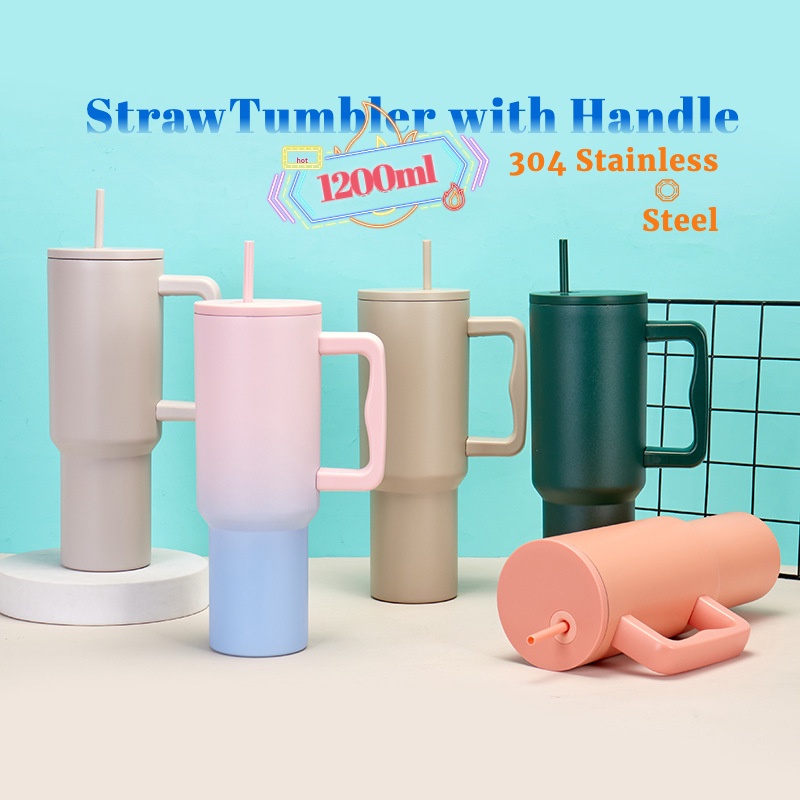 1200ml/40oz Insulated Tumbler With Handle And Straw, Stainless Steel  Leak-proof Highball Tumbler With Handle For Outdoor Travel And Car Use