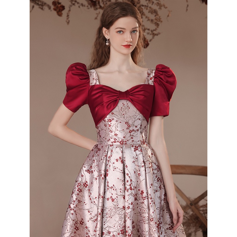Wine Red Bridal Wedding Toast Dress French Puff Sleeve Square Neck Slim