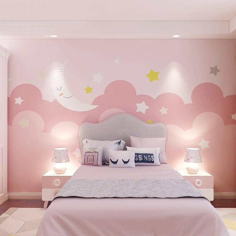 Custom Star Moon Children's Room 3d Wall Paper Cartoon Pink Princess Room Decor Wallpaper Girls ...