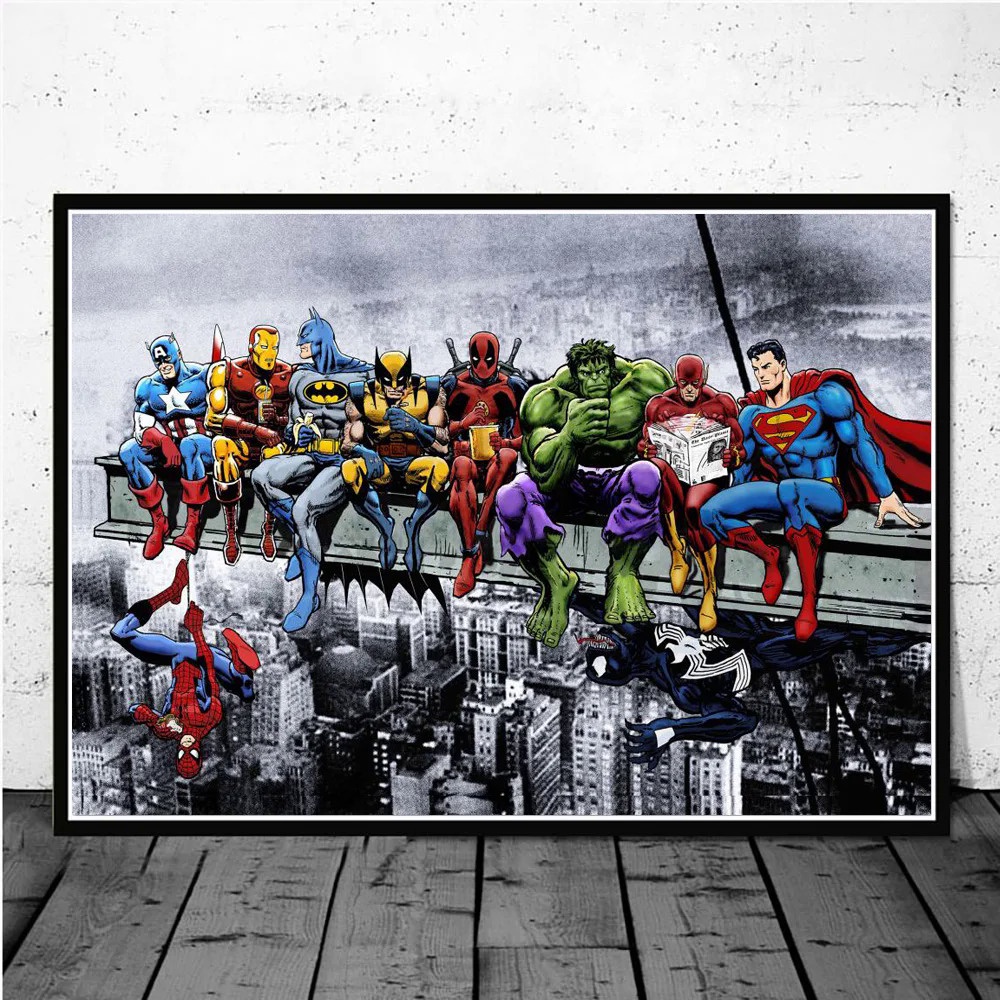 Superheroes Sit In Rows Funny Art Posters And Prints Marvel Spider Man Iron Man Home Decor