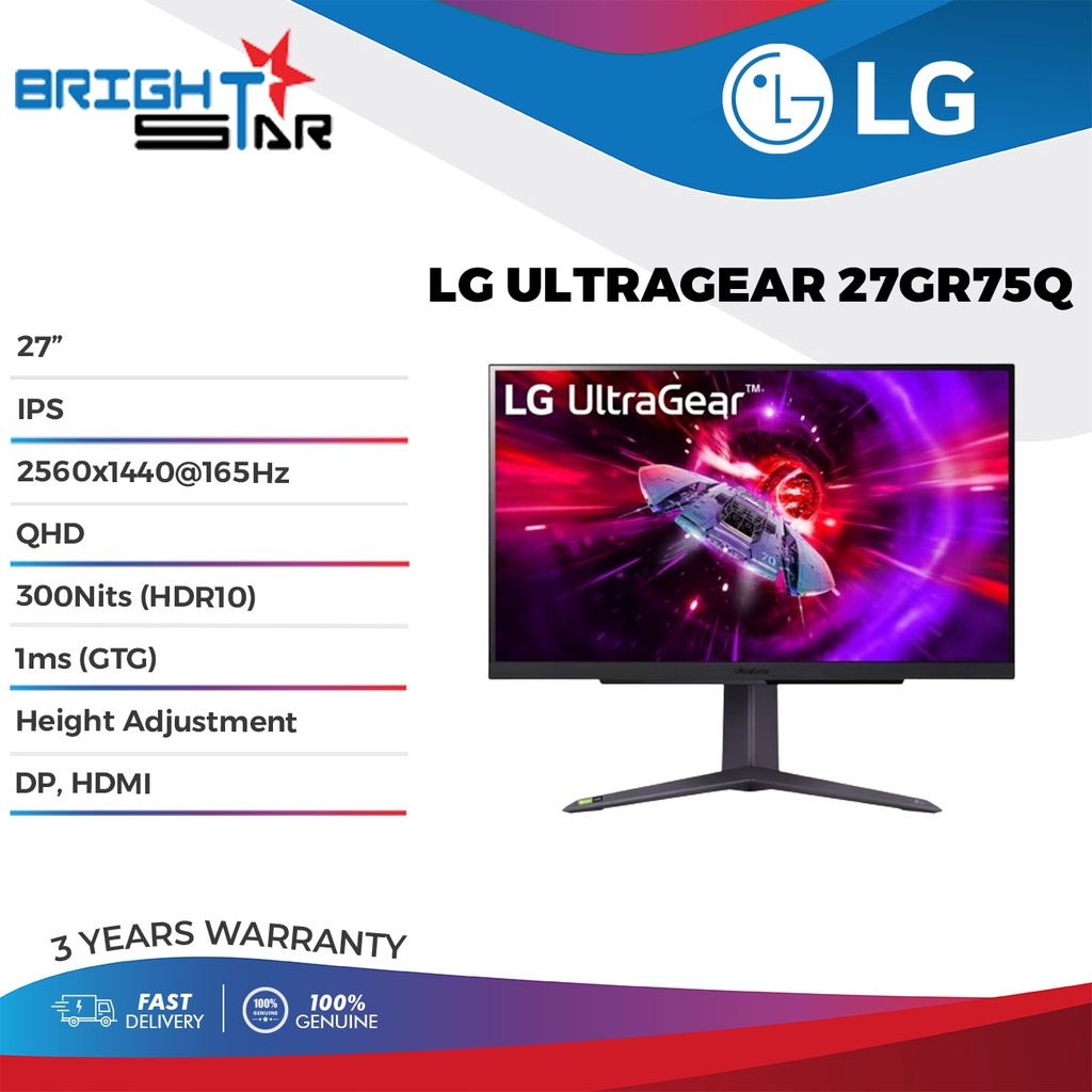 Monitor LG 27 UltraGear (27GR75Q) Gaming, QHD 2560 x 1440, 2 HDMI - 1 DP, 165Hz - 1MS GTG, G-Sync Compatible - HDR10