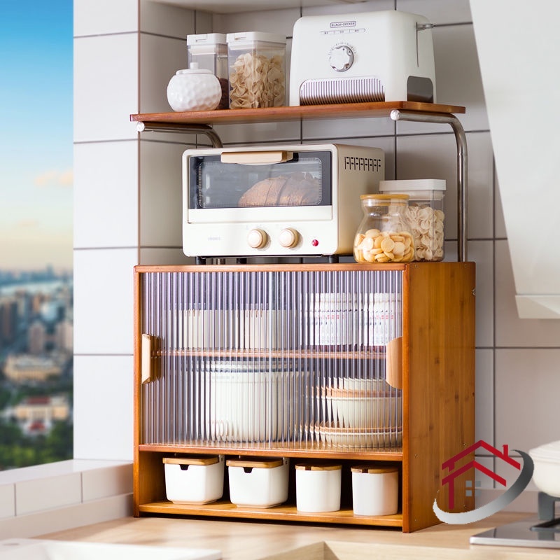 Kitchen Storage Rack Glass Sliding Door Brown/Wood Desktop Storage ...