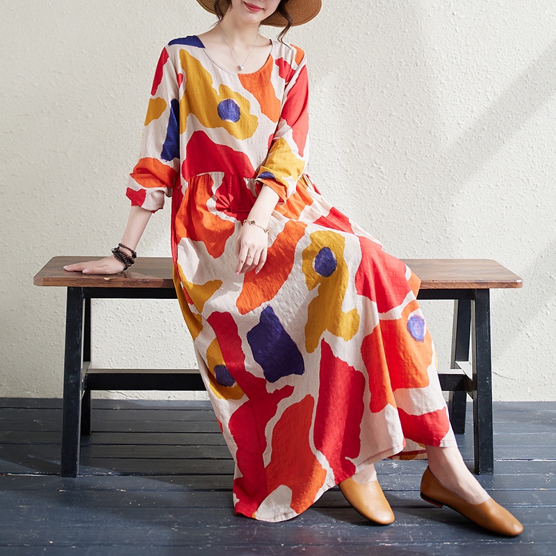 knee length dresses for ladies Literary Retro Casual Loose Embroidered Long Dress with Large Hem (Color: White, Size: M) main image 1