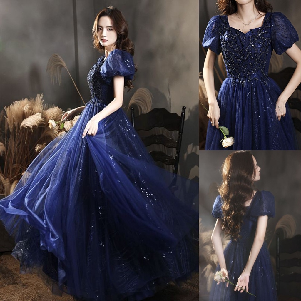 Hawlife Korean Blue Dress Elegant Prom Cocktail Dinner Evening Dresses ...