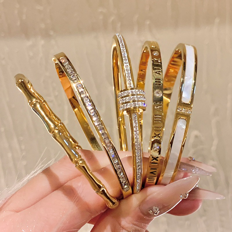 Gold Titanium Steel Bracelet Women's HighGrade Zircon Couple Bracelet Simple Bracelet Ring Hand