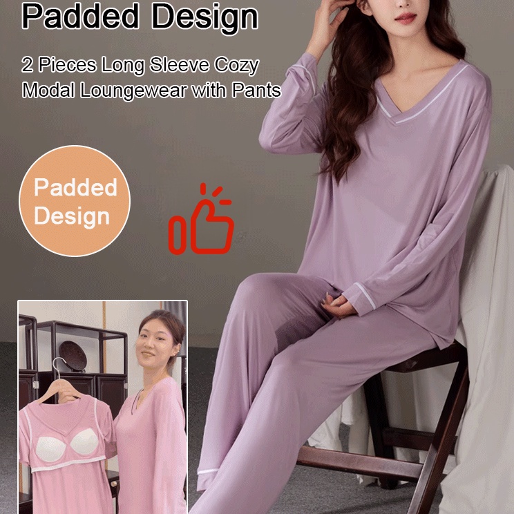 Padded 2 Pieces Long Sleeve Cozy Modal Loungewear with Pants for