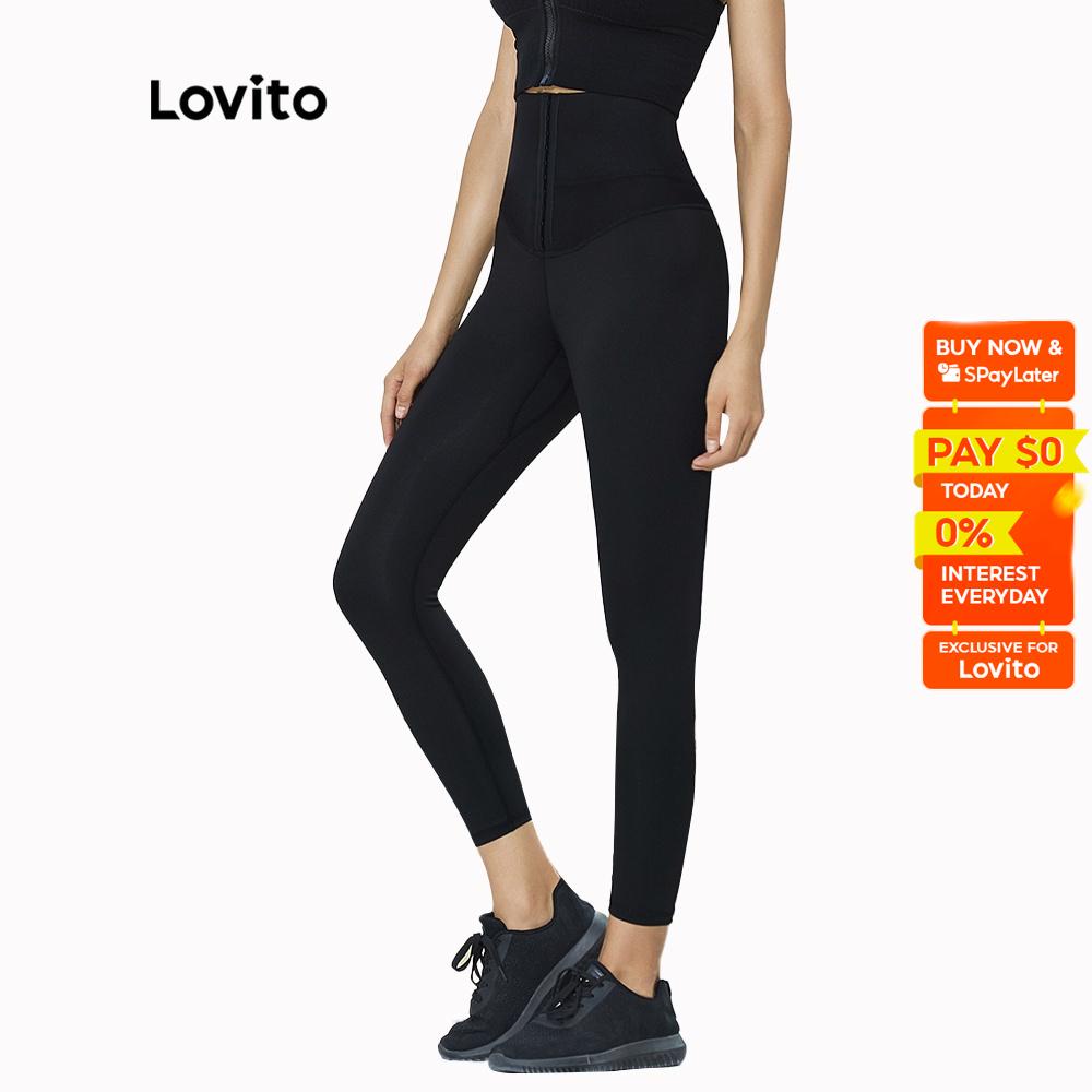 Lovito High Waist Plain Body Shaping Yoga Pants For Women (Black) Yoga