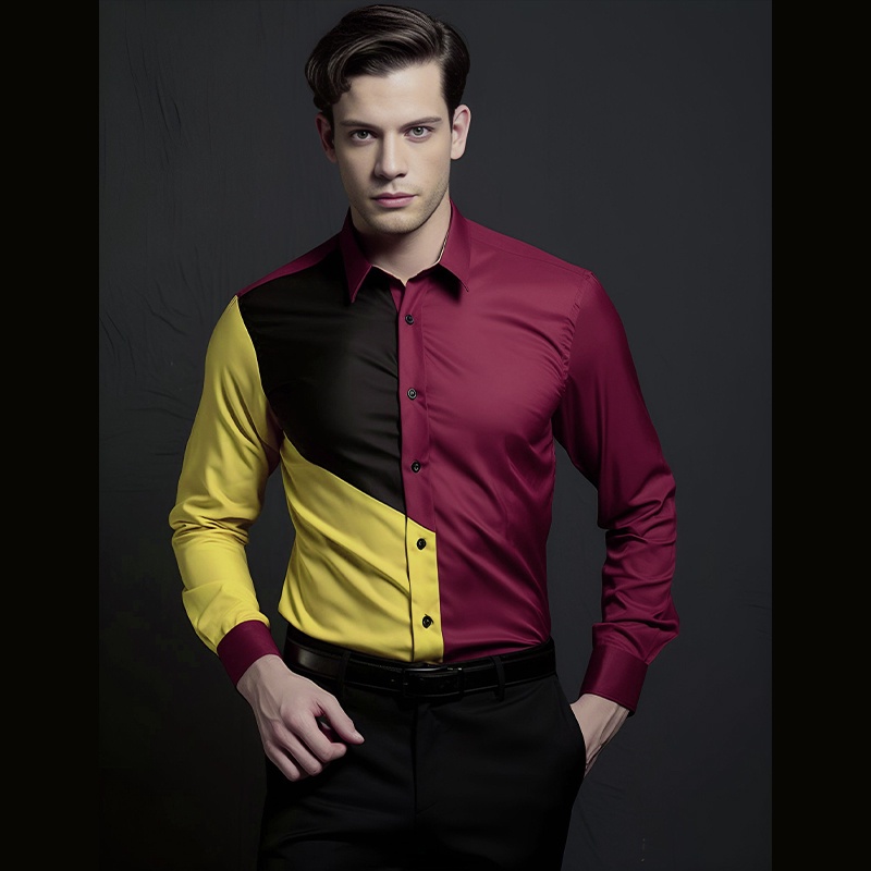 Mens Color Block Button Down Long Sleeve Fashion Collar Shirt Stylish ...