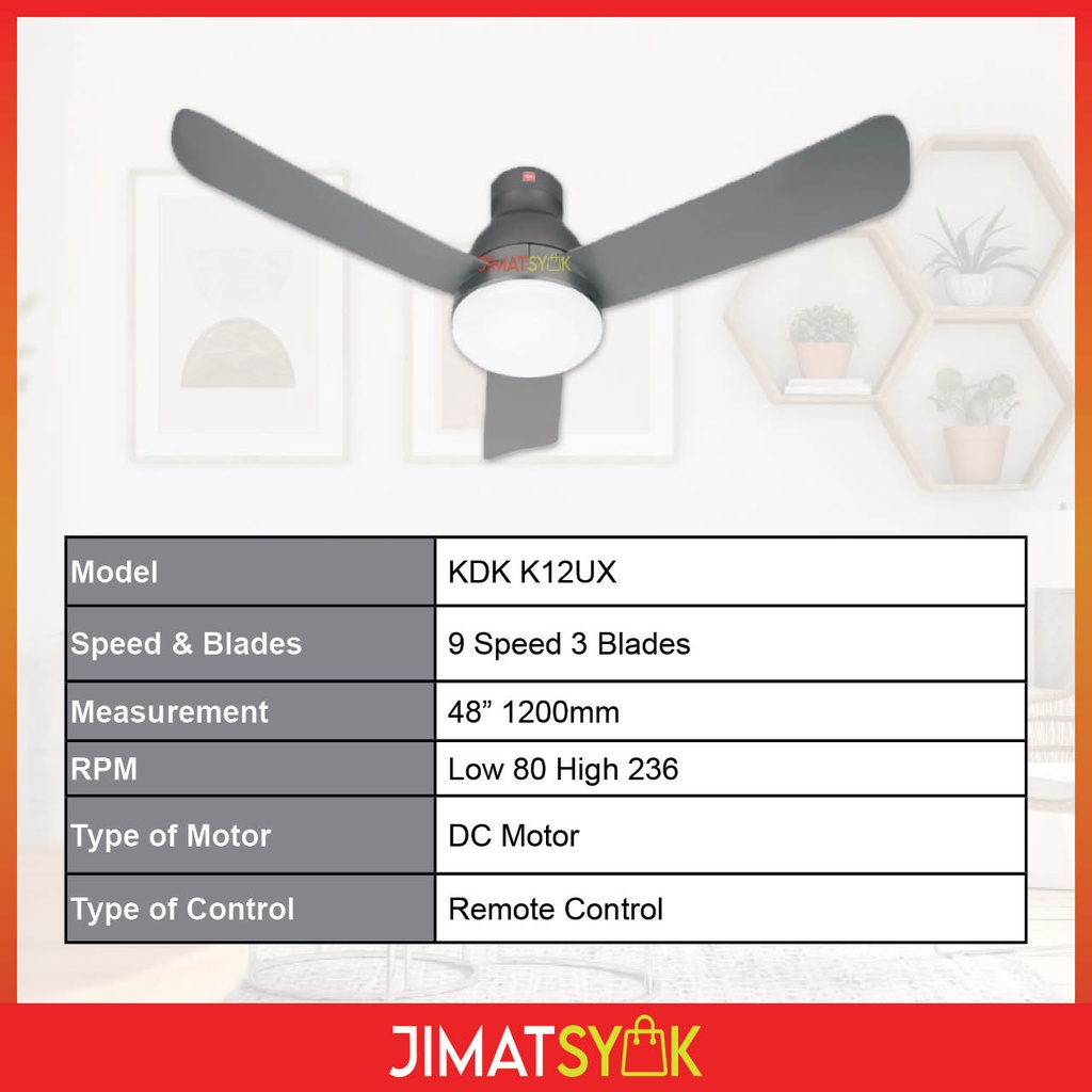 KDK Fan KDK K12UX 48inch 3 Blades KDK K15UW 60inch 5 Blades Short/Long ...