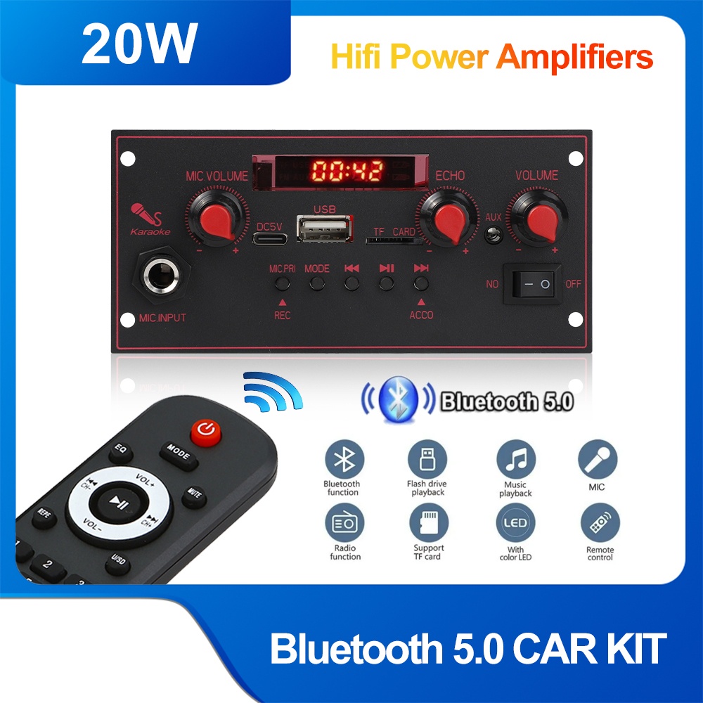 20W Amplifier DC 5V Bluetooth Decoder Board 6.5mm Microphone FM Radio TF USB Car Audio Music