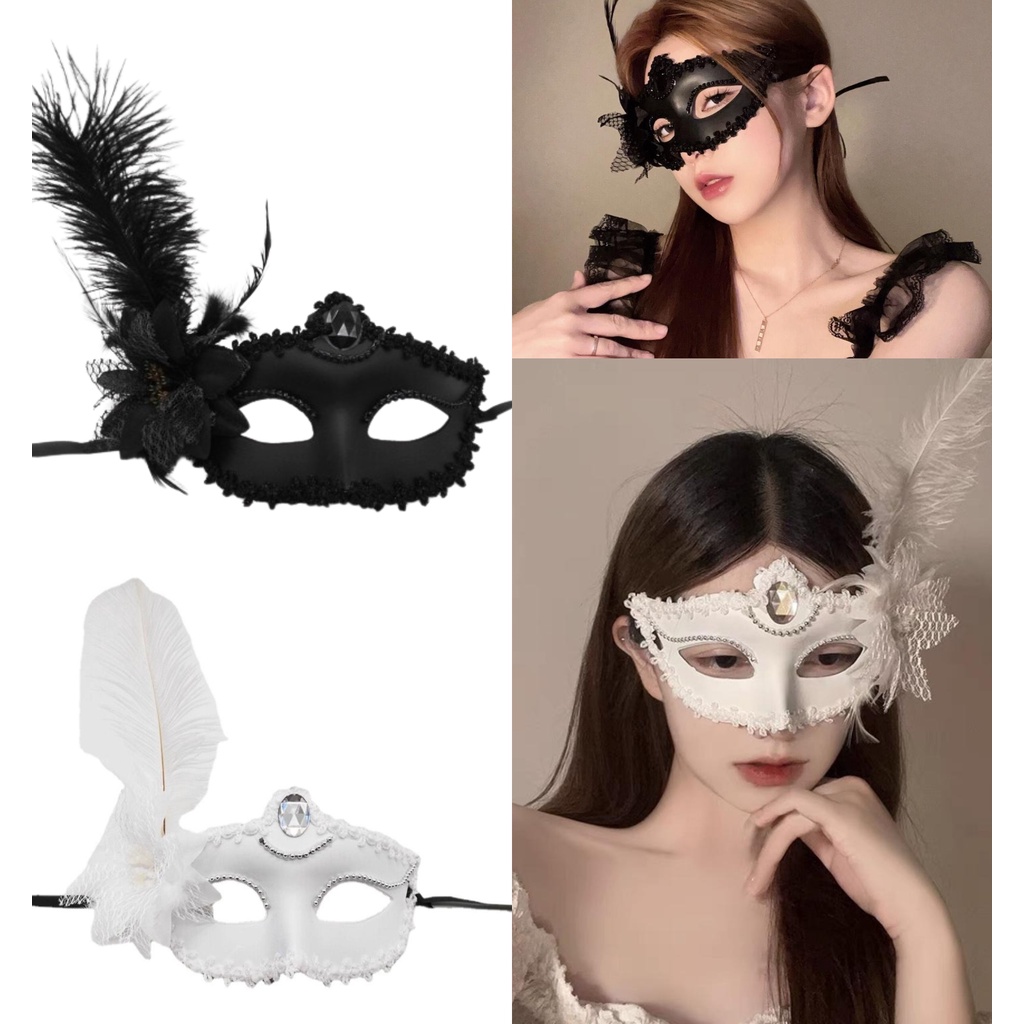 Mardi Gras Masks Feather Rhinestones Women Masquerade Face Mask Lace