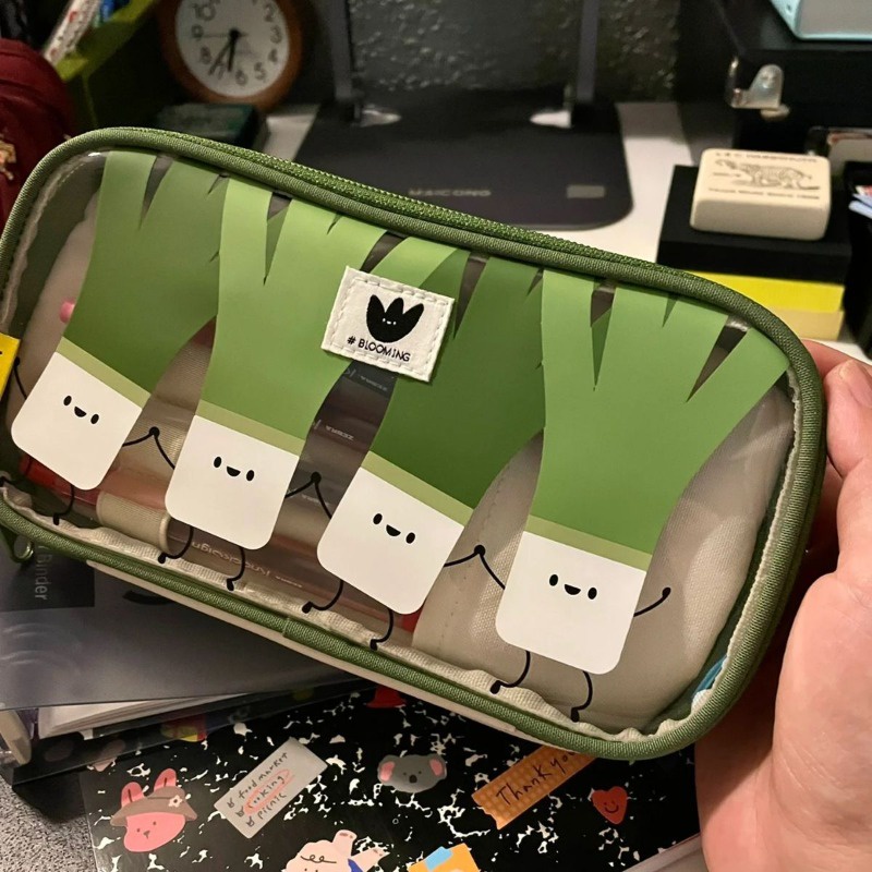 Cartoon Cute Green Pencil Case Student Large Capacity Doublelayer