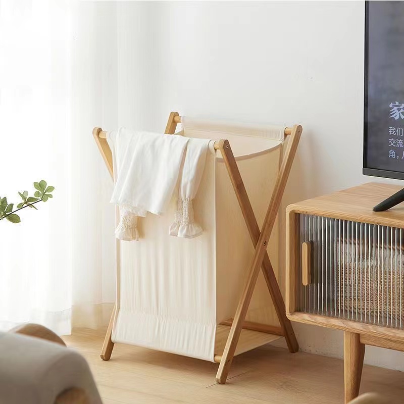 Bamboo Wood X-frame Laundry Hamper with Lid Collapsible Dirty Clothes ...