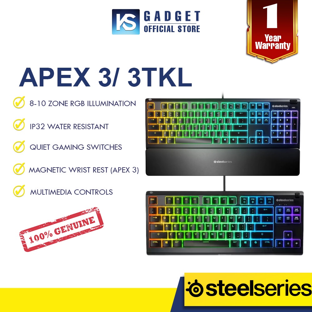 SteelSeries 64795 Apex 3 Water Resistant Gaming Keyboard, Premium Magnetic  Wrist Rest (Whisper Quiet Gaming Switch) 