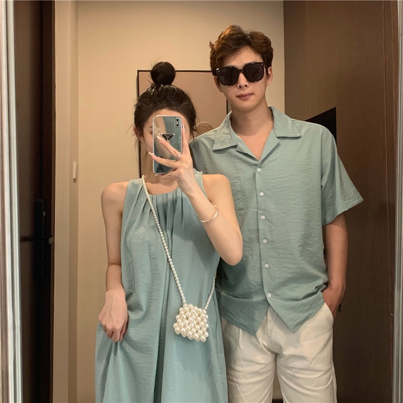 Couple Wear Women Solid Color Halter Long Dress Men Vacation Shirt ...