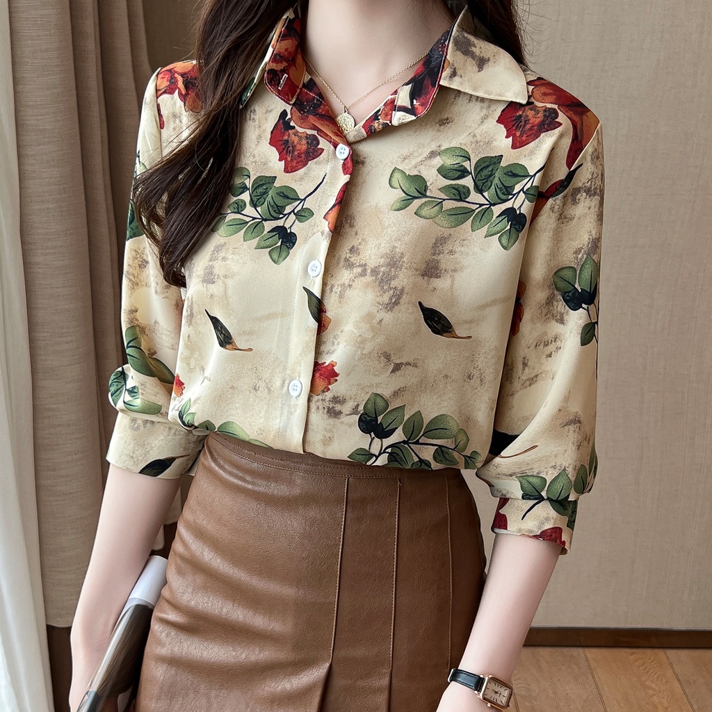 New Retro Brown Printed Chiffon Shirt Lapel Long-Sleeved Ladies Top