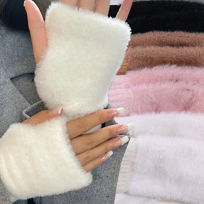 Womens Gloves White Fluffy Gloves Winter Mink Fleece Soft Gloves