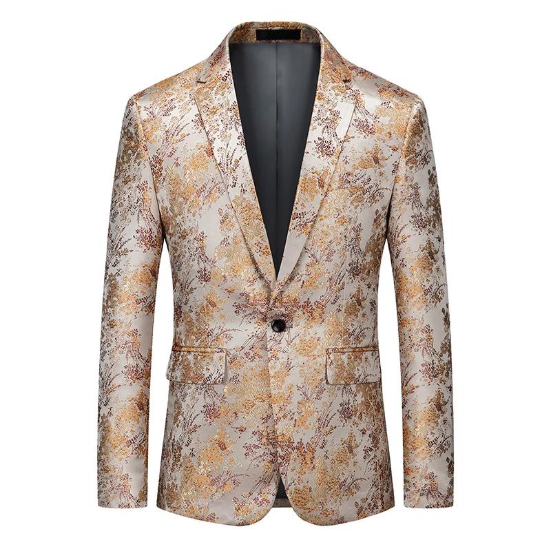 Business Casual Gold Suit Jacket Men One Button Floral Printed Wedding