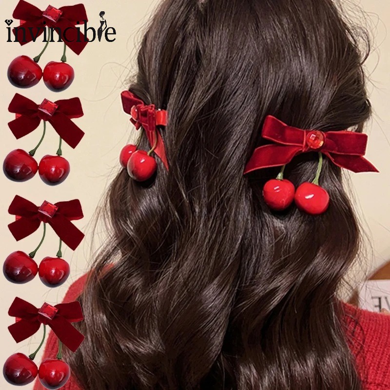 1 Pc Sweet Red Cherry Bow Velvet Hairpins for Girls Korean Style Bow