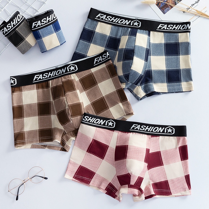 New Men's Underwear Fashion Plaid Boxers Mid-Waist Breathable Pants ...
