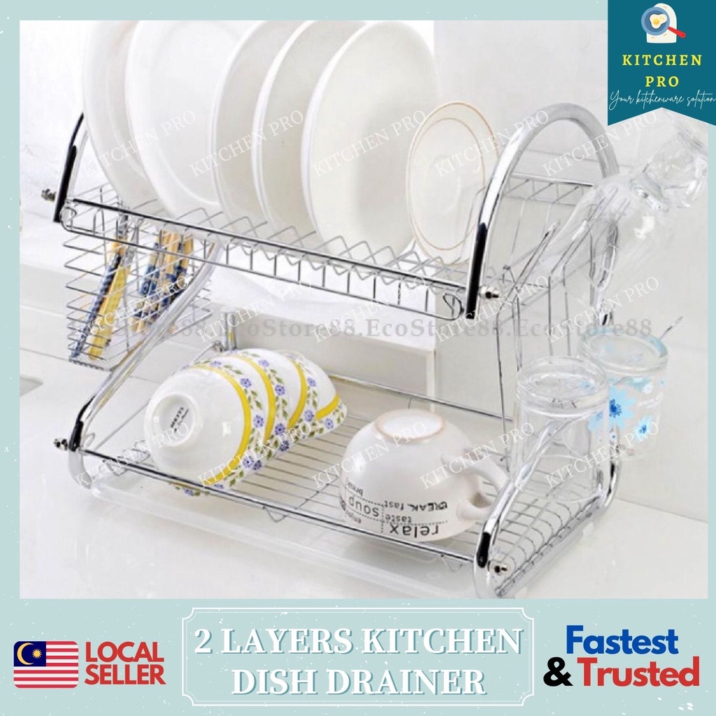 𝐊𝐈𝐓𝐂𝐇𝐄𝐍 𝐏𝐑𝐎 2 Layers S Shape Stainless Steel Dish Rack Set With Tray