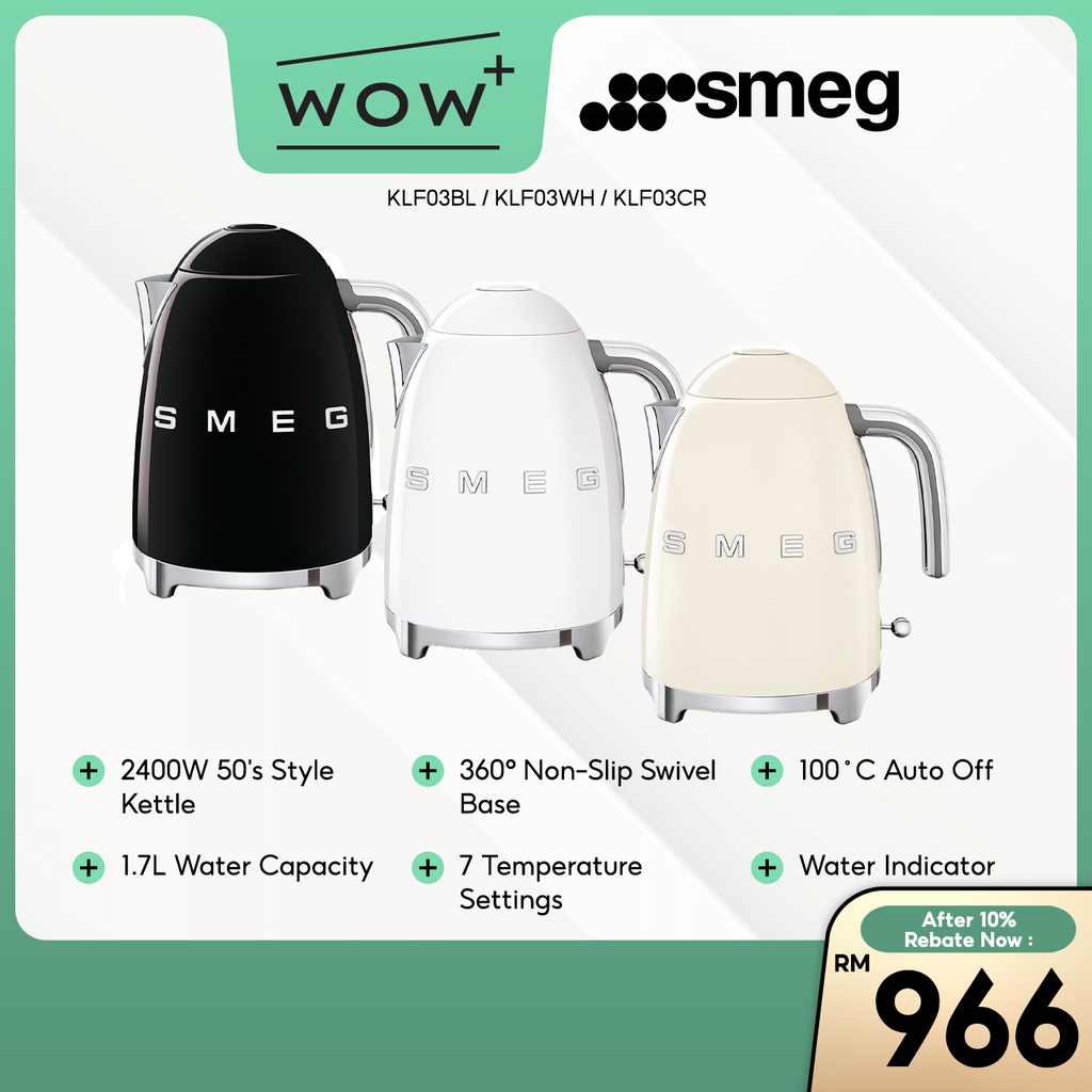 Smeg KLF03 Series 50's Style Kettle 1.7L Capacity, Featuring 360º Swivel Base Limescale Filter