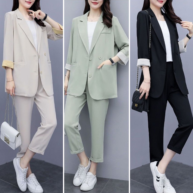 Plus Size Women Suits Set Elegant Blazer+Pants Office Splicing