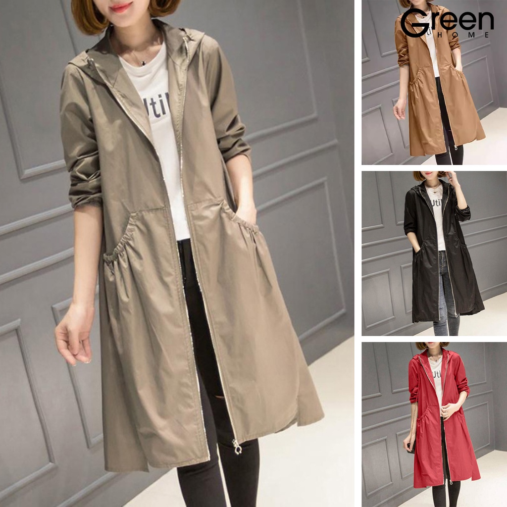 GR Women Spring Autumn Hooded Mid length Windbreaker Zipper Placket Long Sleeve Pockets Solid Color Thin Long Trench Coat Streetwear Shopee Malaysia