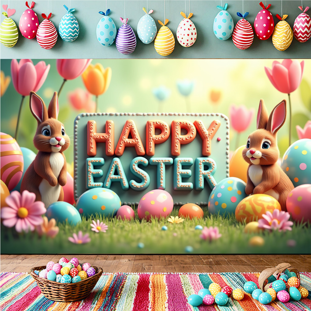 70.8 x 43.3 inches Happy Easter Garden Party Festive Bunnies and Eggs ...