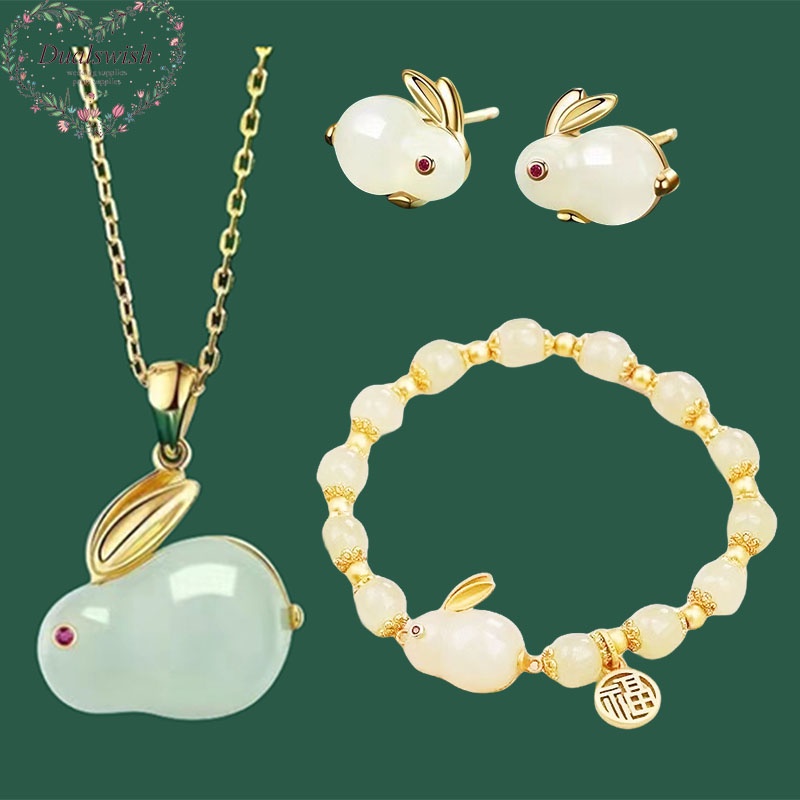 Dualswish New Chinese Jade Rabbit Ring Necklace Earrings Women's INS ...