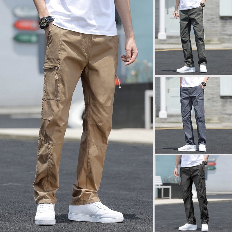 Fashion Straight Cut Casual Slack Pants Men Multiple Pockets Slim Fit ...