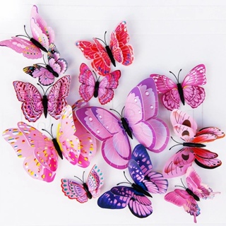 New style 12Pcs Double layer 3D Butterfly Wall Sticker on the wall Home  Decor Butterflies for decoration Magnet Fridge stickers