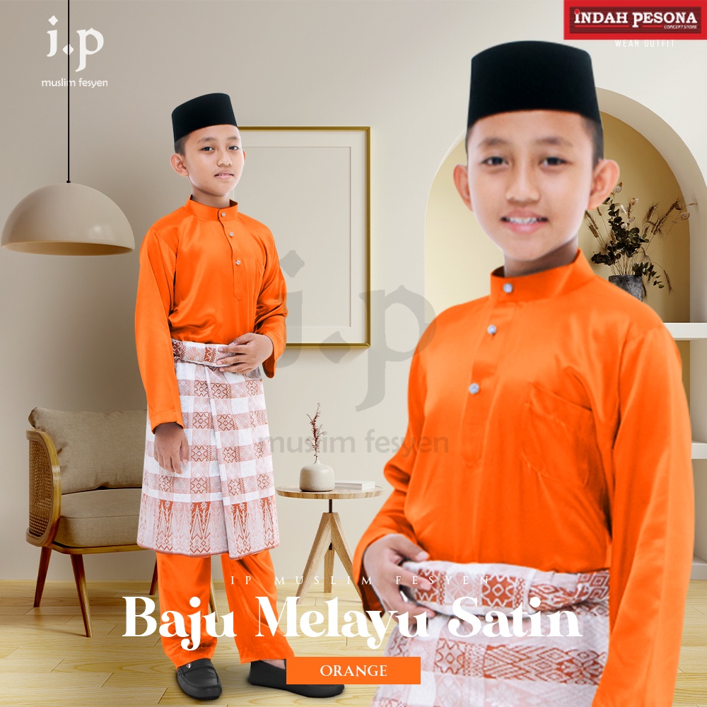 𝐈.𝐏 𝐌𝐮𝐬𝐥𝐢𝐦 𝟐𝟎𝟐𝟒🪔ORANGE Kids Baju Melayu Satin Pasang Normal Cutting / Size 1240 / Baju Raya