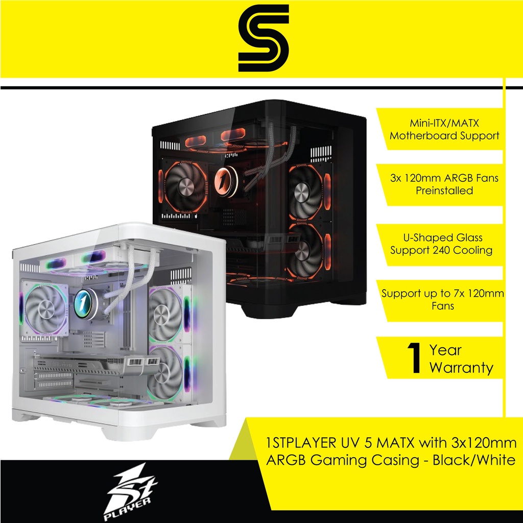 1STPLAYER UV 5 MATX with 3x120mm ARGB Gaming Casing - Black/White ...