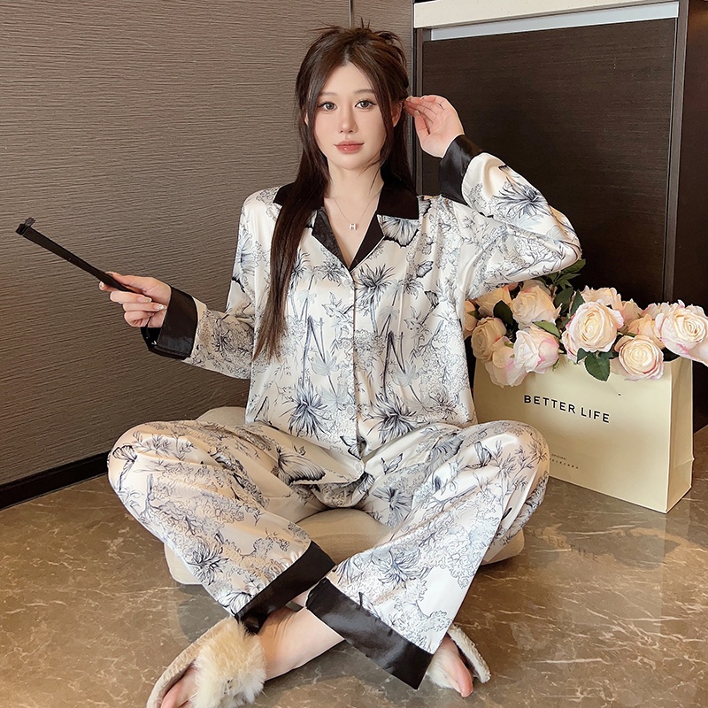 Luxury pajamas women's long sleeved thin silk pajama set