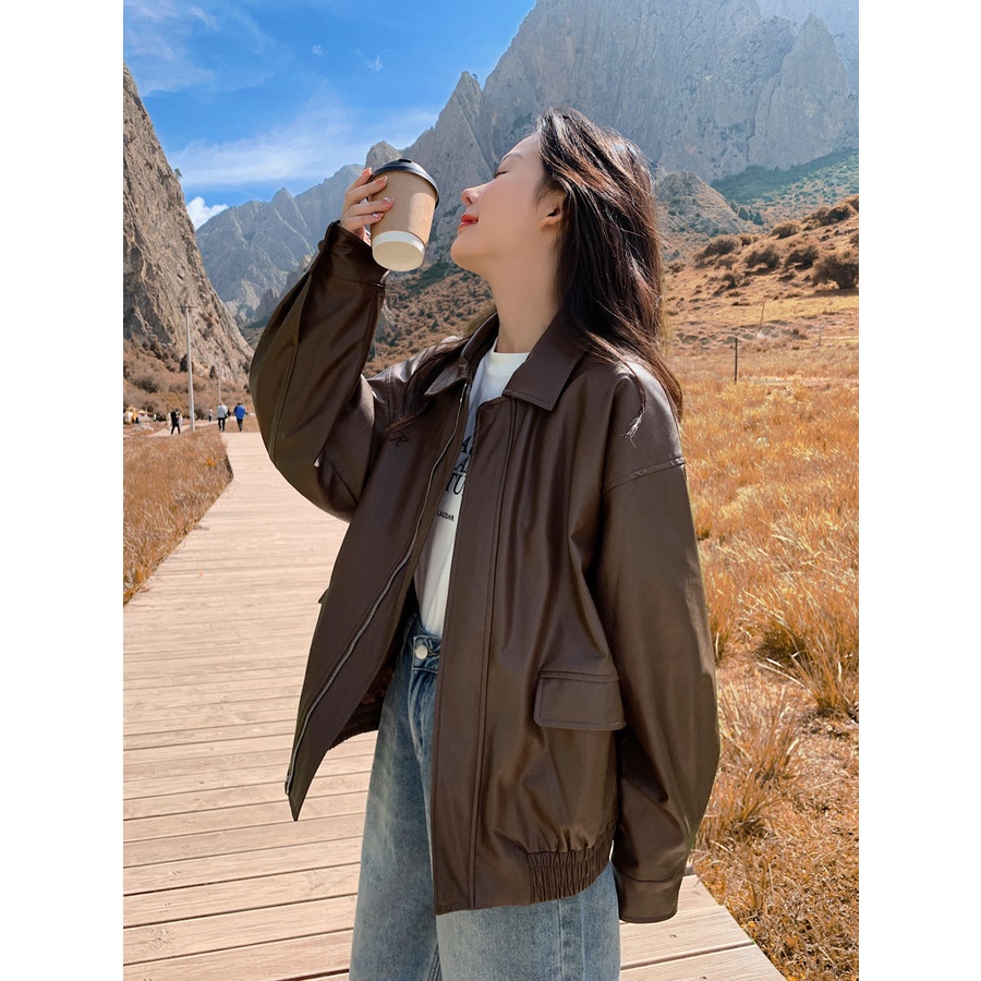 Brown Leather Jacket Women Short Style 2023 Spring Autumn Korean