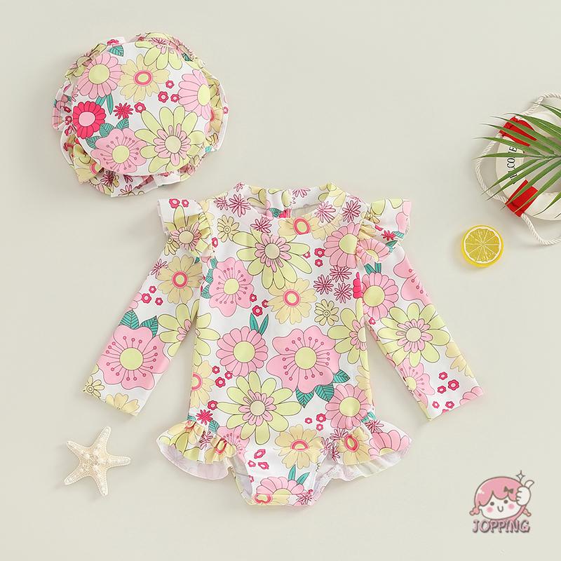 JOP-Baby Girls Swimsuit Flower Print Long Sleeve Bikini with Hat ...