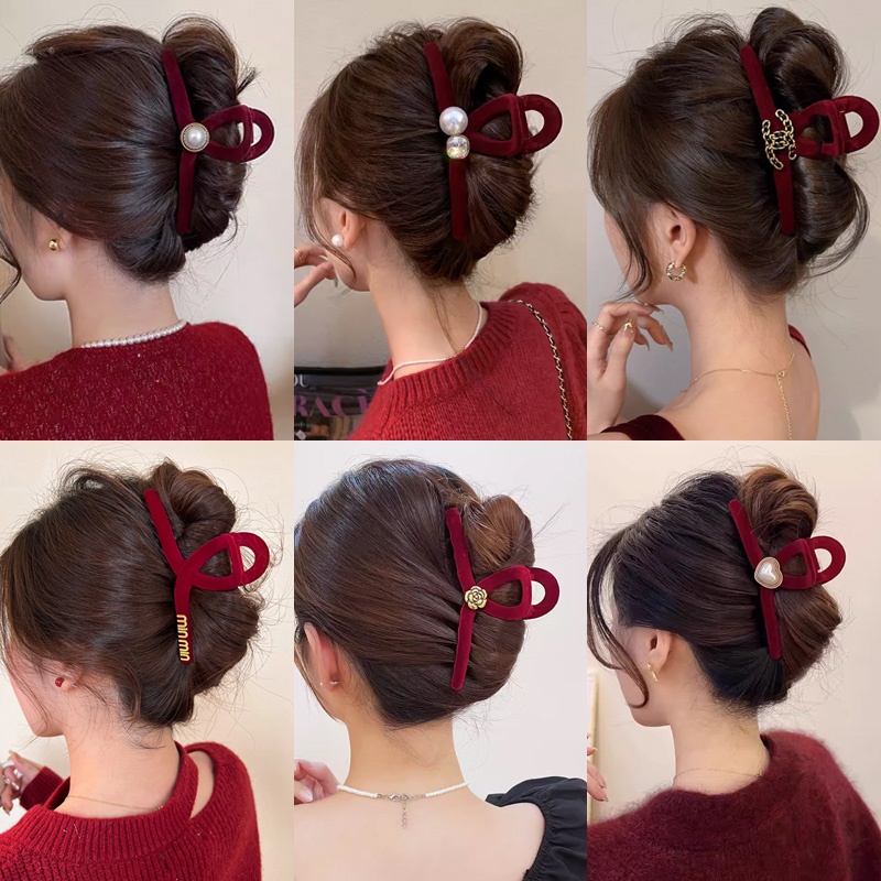 Korean Style Red Large Hair Clip Velvet Pearl Retro Hair Claw Female