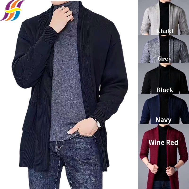 Cardigan Long Homme à Col Châle - Manches Longues, Ouvert Devant, Matière Viscose/polyester - Noir XXL