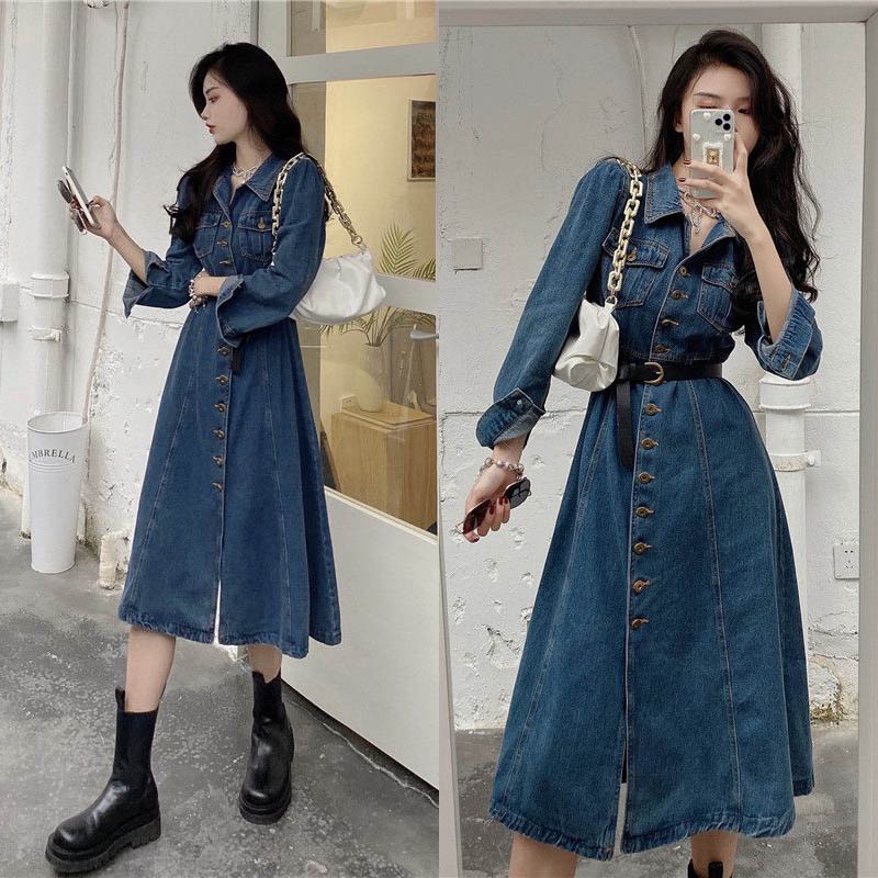 【Shopane】Retro Denim Dress for Women Fashion Lapel Collar Single ...