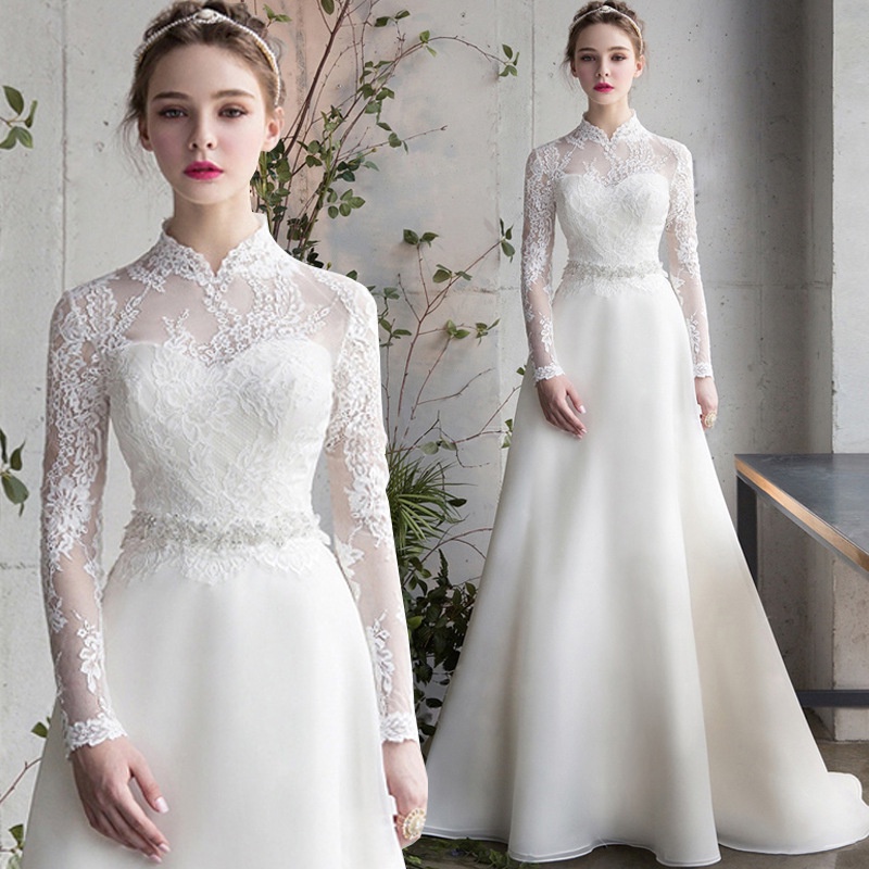 White Satin Light Wedding Dress New Bride Long Sleeve Banquet Dress ...