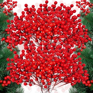 20pcs Artificial Holly Berry Picks With 12 Branches, Red Berries